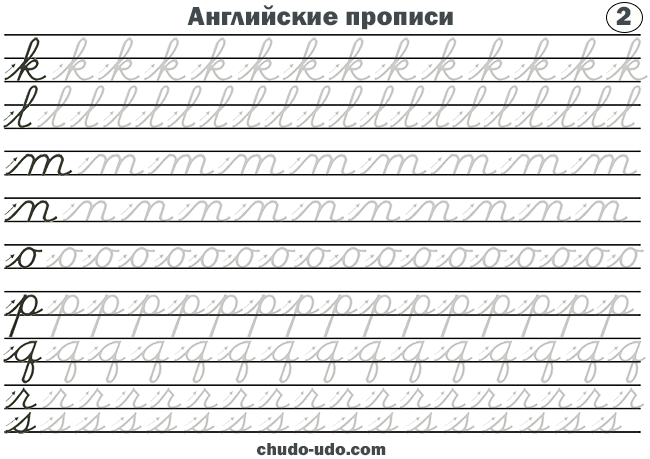 Английские буквы прописью - k, l, m, n, o, p, q, r, s