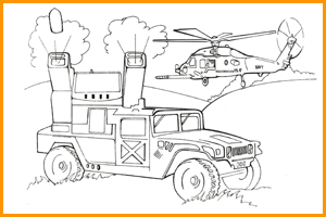 раскраска военная машина и вертолет